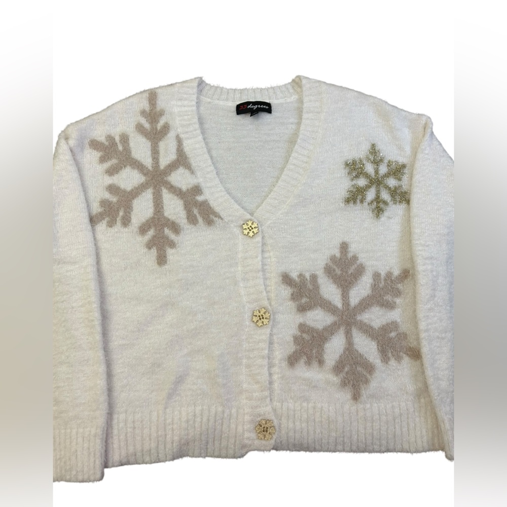 Snowflake Cardigan Sweater‎ White Tan Metallic Gold Med Holiday Winter Christmas
